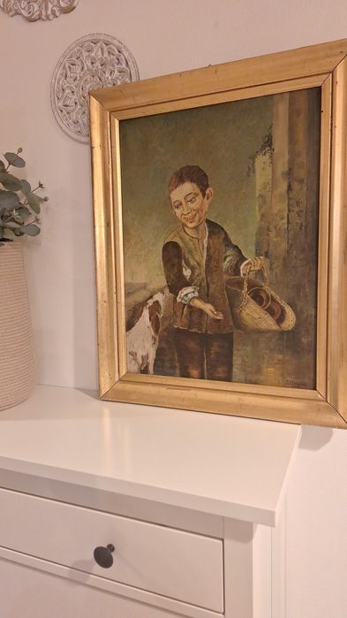 Tablou/Pictura veche ulei reproducere  Murillo/Copil cu un caine