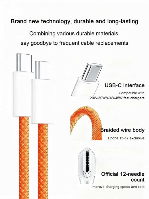 Cablu USB-C 60W 1m, Împletit, Portocaliu NOU
