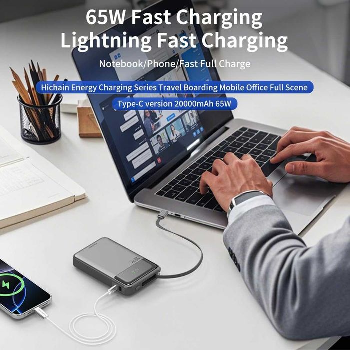 Външна батерия за Лаптоп 65W 20000mAh (С вграден кабел) - Fast Charge