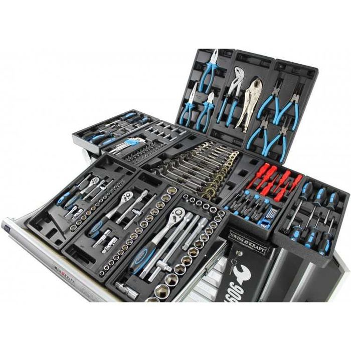 НЕМСКИ Шкаф Количка С Инструменти 6 Чекмеджета - 4 Пълни + ЛЕД ФЕНЕР