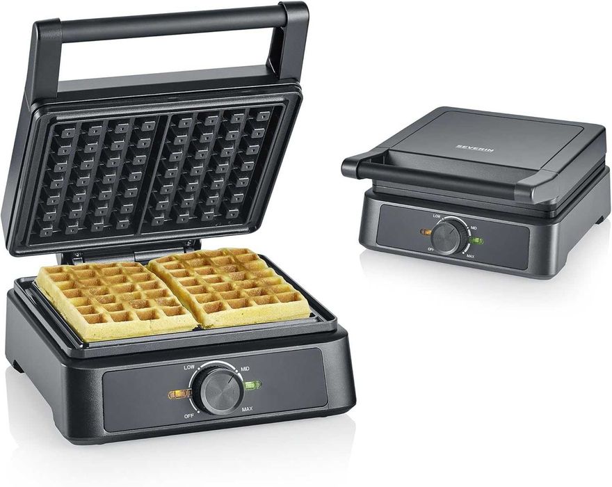 SEVERIN - Белгийски гофретник с керамично покритие, за гофрети, регулируем термостат, 1600 W, размери 20.3 x 25.5 x 10.5 см, матово черен WA 2130