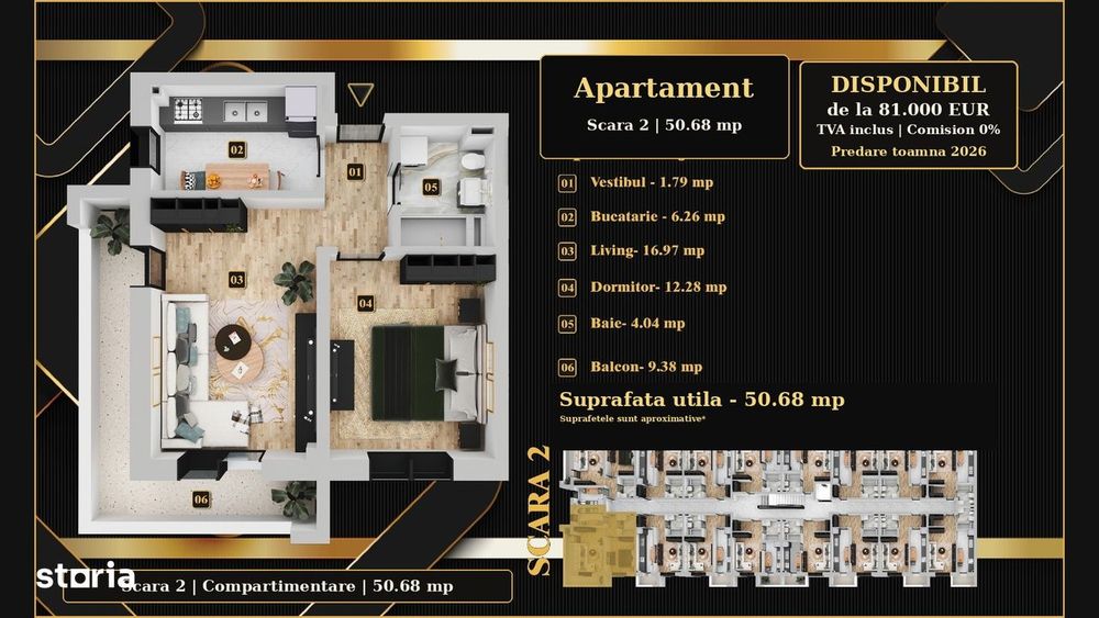 Vezi acum: Zona linistita, Apartament 50,68mp, 81.000€