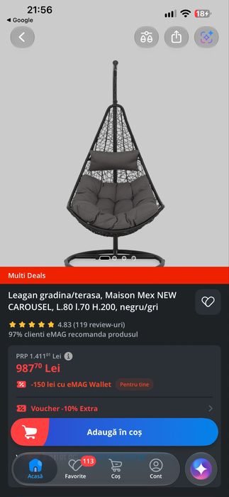 Leagan gradina/terasa, Maison Mex NEW CAROUSEL, L.80 l.70 H.200, negru/gri