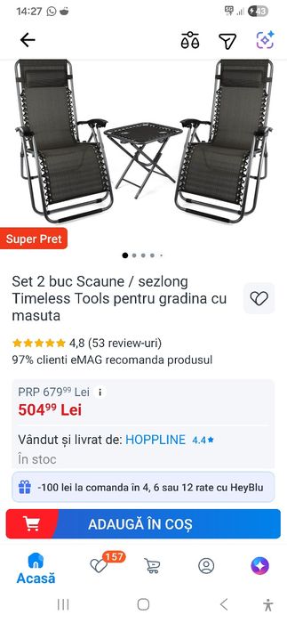 Set 2 șezlonguri și masă pliabila de camping/grădină
