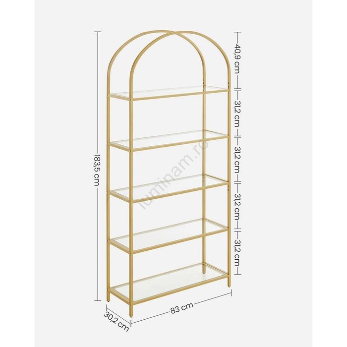 Vand vitrina aurie metalica cu polite raft de sticla