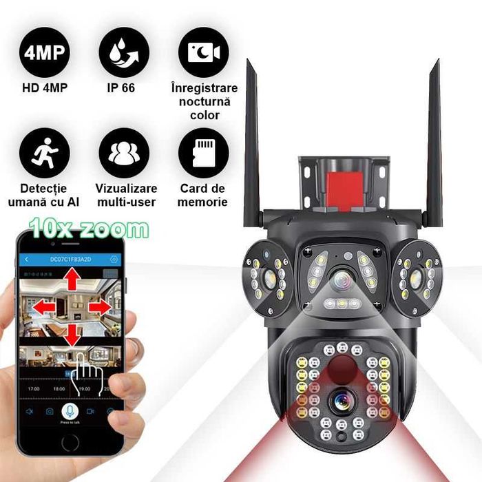 Cameră de Supraveghere WiFi 4G ,V380,12MP, PTZ 360°, 3 Lentile, Zoom