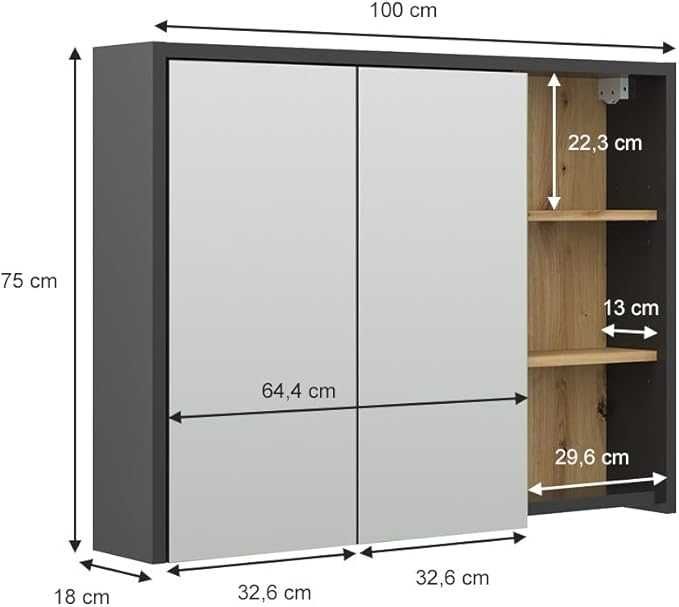 Огледален шкаф за баня Vicco Viola, антрацит/дъб, 100 x 75 см