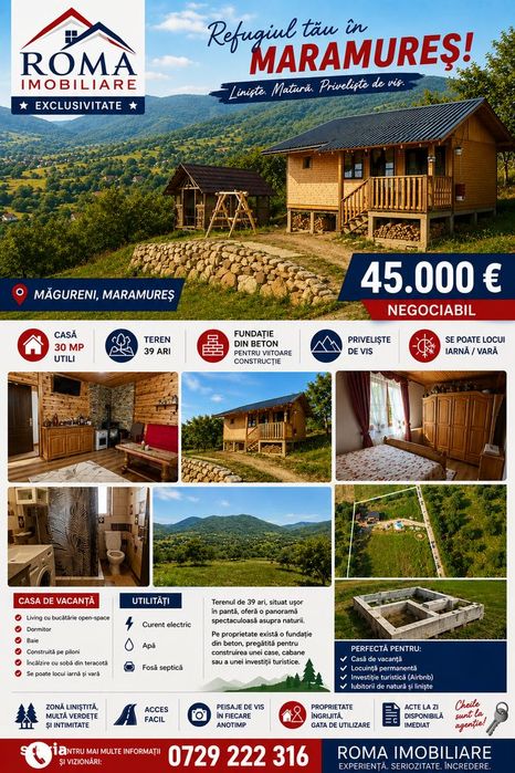 Casă de vacanță cu teren 39 ari Măgureni, Maramureș , Pret 45.000 €