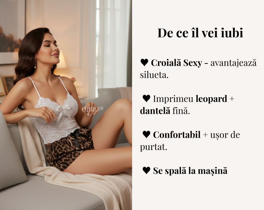 Pijamale Sexy Leopard pentru Femei - Set 2 Piese, Maiou & Pantaloni