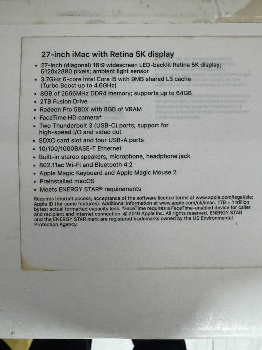 Apple iMac Retina 5K, 27-inch, 2019 intel core i5 3,7Ghz 8Gb DDR4