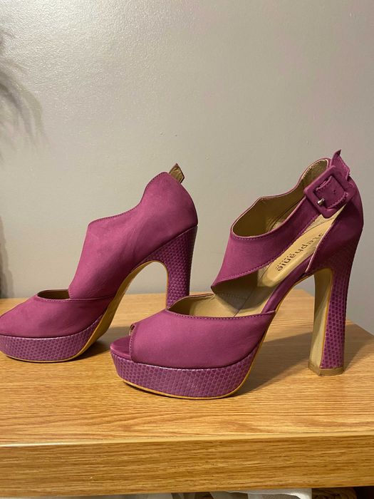 Sandale femei cu platforma, toc 13 cm, roz piele intoarsa, 39