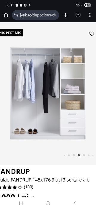 Dulap FANDRUP 145x176 3 uși 3 sertare alb ( șifonier )
Folie
, 
HDF (P