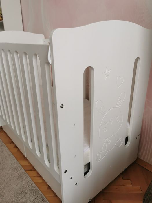 Дървена Бебешка кошара TELMA 60/120 - Бял цвят + двулицев  матрак