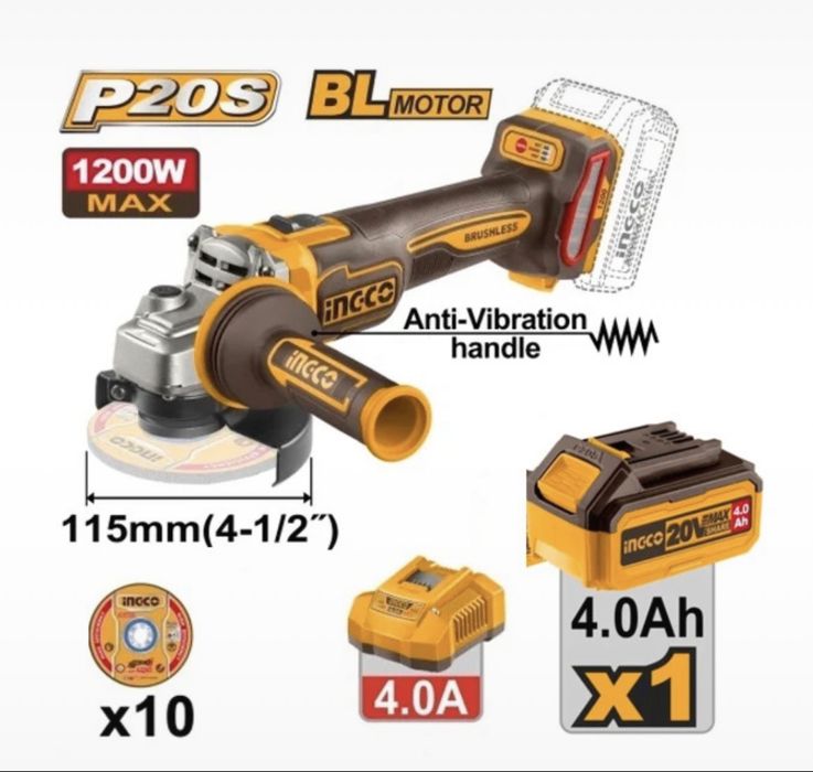 Flex / Polizor Unghiular INGCO 20V Brushless 115mm + Baterie 4.0Ah + Încărcător - NOU