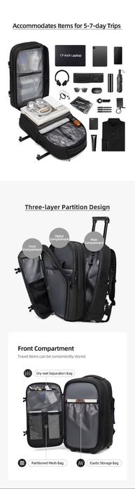 Rucsac Trolley cu Compresie Vacuum, Compartiment Laptop 17", Negru, Poliester