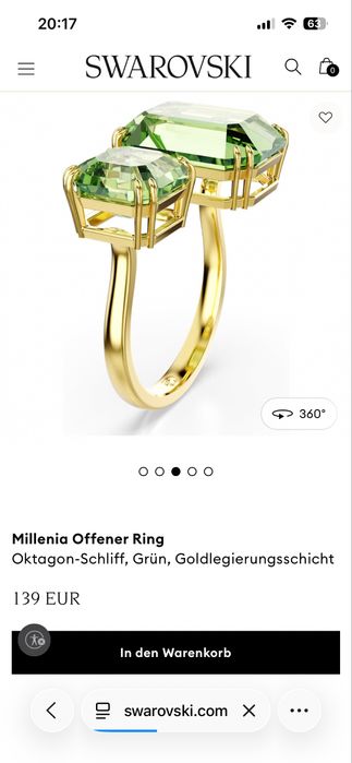 Swarovski пръстен със зелени кристали, р-р 55