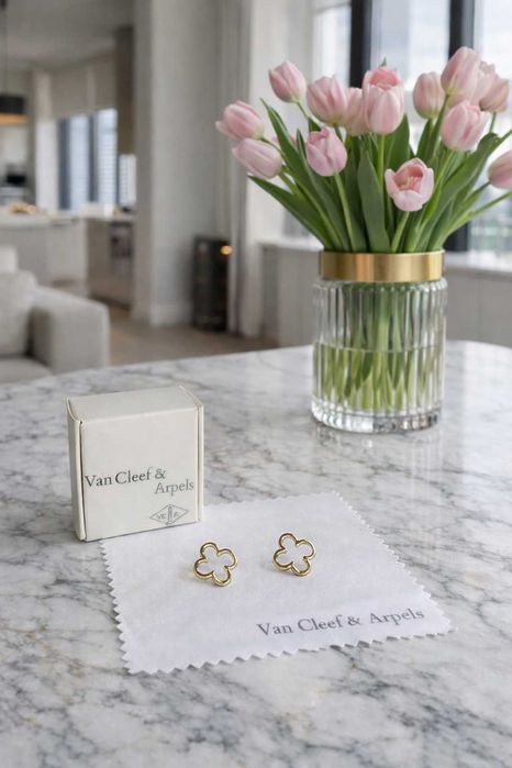 Van Cleef златисти неръждаеми обеци пълен сет с чантичка бижу златни