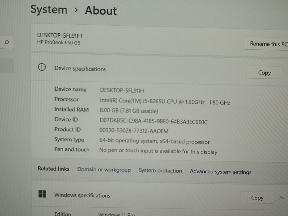 Laptop HP Probook 650 G5 - i5-8265u/ 8gb ddr4 / 256gb/ Baterie 4h