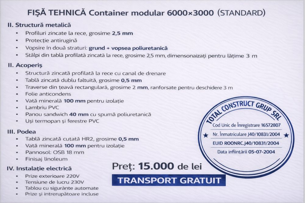 Container modular de vânzare 6m – izolat, ideal birou sau locuit