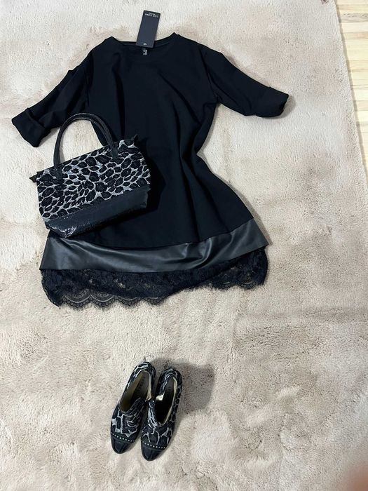 Rochie neagra terminatie din dantela si piele ecologica, m. universala