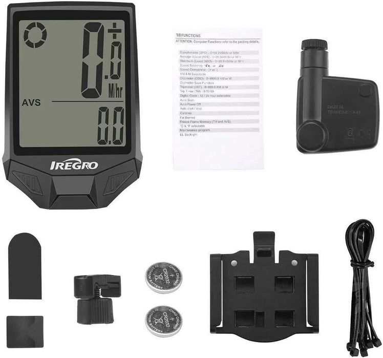 Iregro Велокомпютър - водоустойчив безжичен километраж - 18 функции