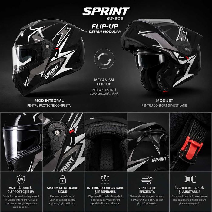 Casca Moto/Scuter Flip-Up, Viziera Dubla, Modulabila, Negru Fulger