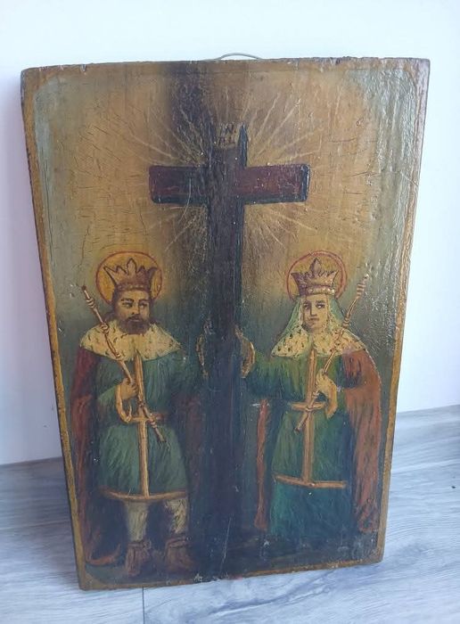 Icoana Foarte Veche Pictata Pe Lemn Sfinții Împărați Constantin Și ELN