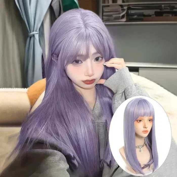 Лилава права перука с бретон