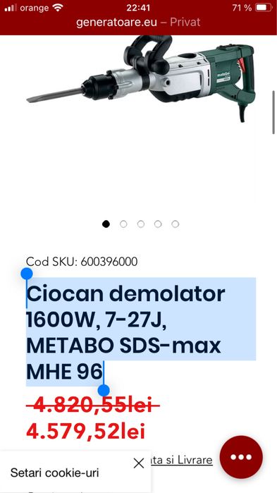 Ciocan demolator METABO 1600W, 7-27J Sds Max cu Defect