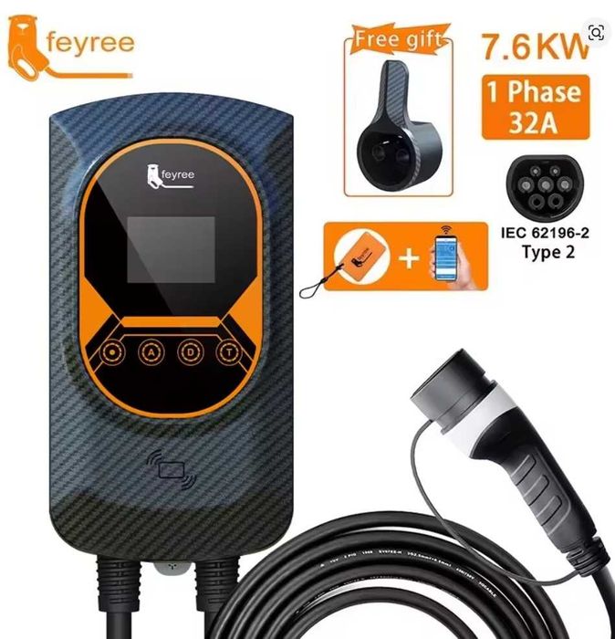 Статична Зарядна Станция Feyree Зарядно Електромобил 7.6kw Тип 2  EV Charging Station 32A Electric Vehicle Car Charger EVSE Wallbox Wallmount 7.6