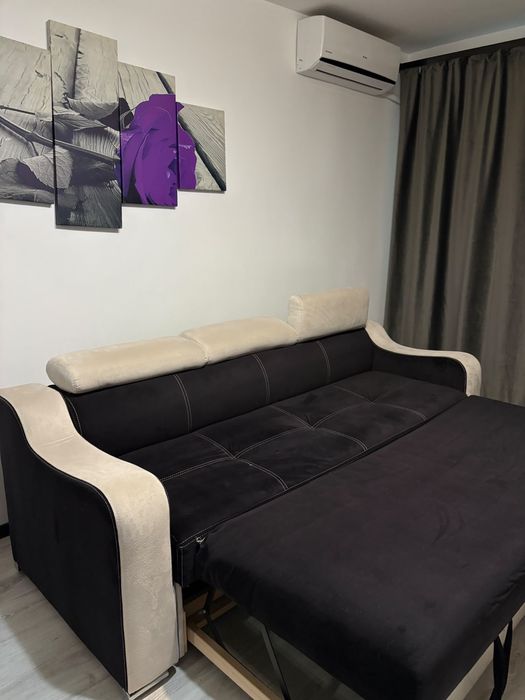 Canapea 3 locuri extensibila, Giulia II Alb/Negru, saltea Relaxa, lungime 225 cm