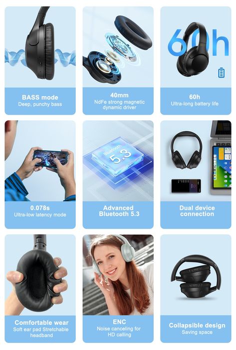 Безжични ENC слушалки QCY H-2, Bluetooth 5.3, 60h. Play, Bass и EQ APP