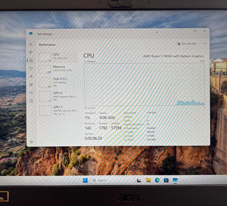 Геймърски лаптоп Ryzen 5 5600H, RTX 3060 6GB, 16GB ram
