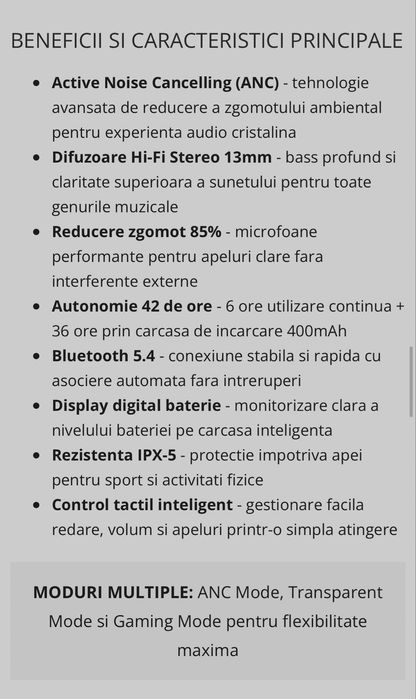 Casti wireless in ear cu noise cancelling control touch bluetooth 5.4