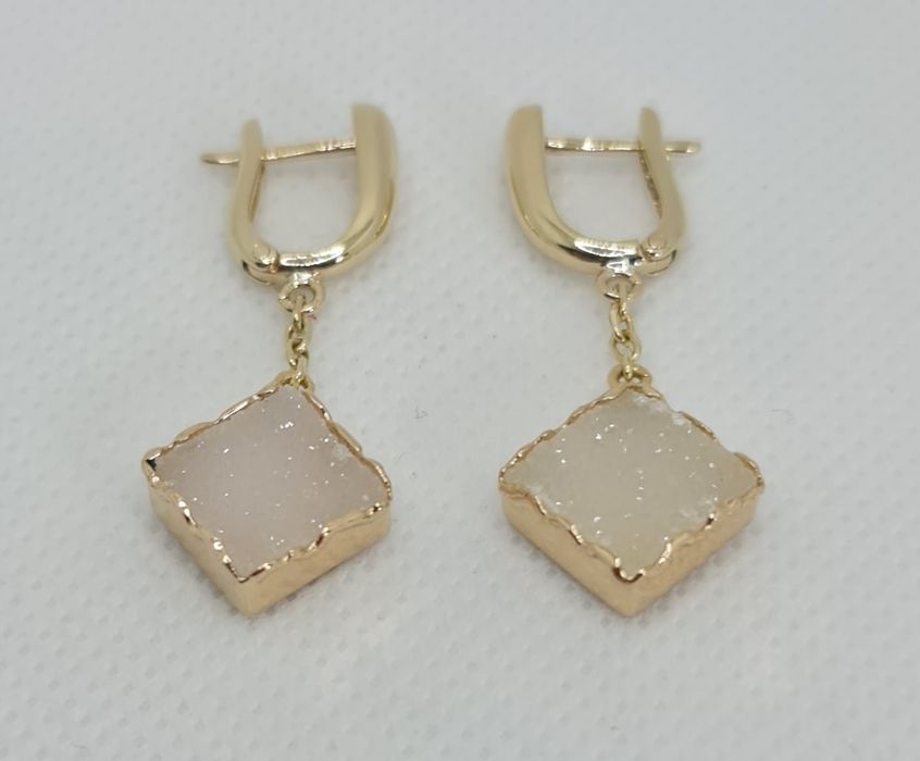 Cercei hamdmadi aur galben 14k cu druzy quartz natural