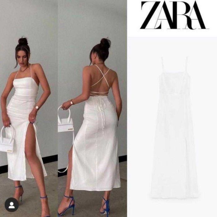 Zara Rochie midi spate gol  alb ecru Oyster albă lunga in, decupaj la spate