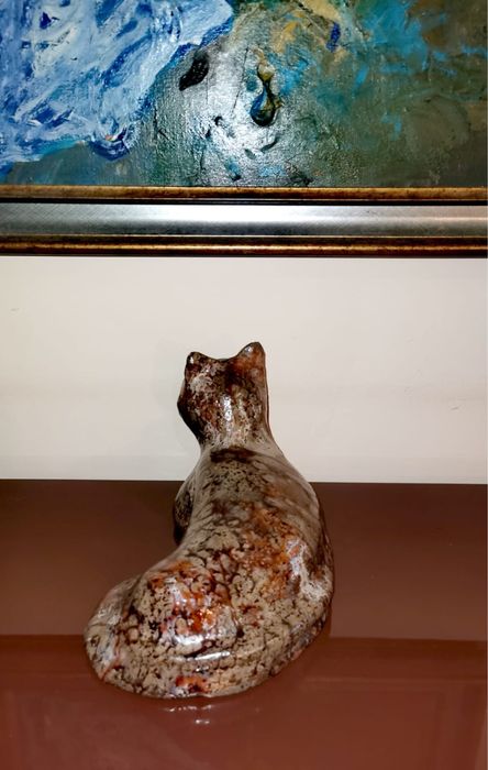 Керамична фигурa на котка тигър, ръчно изработена глазирана арт котка