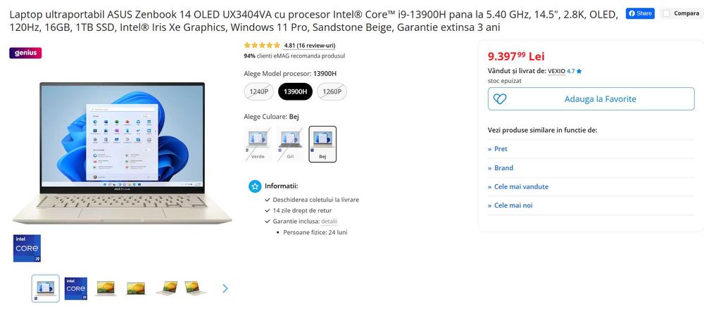 Laptop ASUS Zenbook 14 UX3404V Intel i9-13900H  OLED 14.5", 120Hz