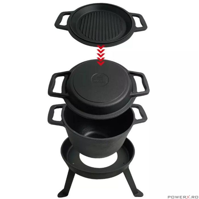 Ceaun 3 in 1 din fonta cu picioare si capac, 8 litri, negru, Kinghoff