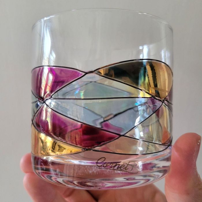 Set 6 pahare whisky vintage din CRISTAL românesc, marcate Cristal B, pictate manual