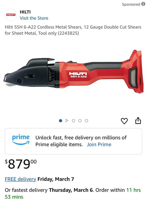 Hilti SSH 6 - A22 - Акумулаторна ножица за ламарина като нова!