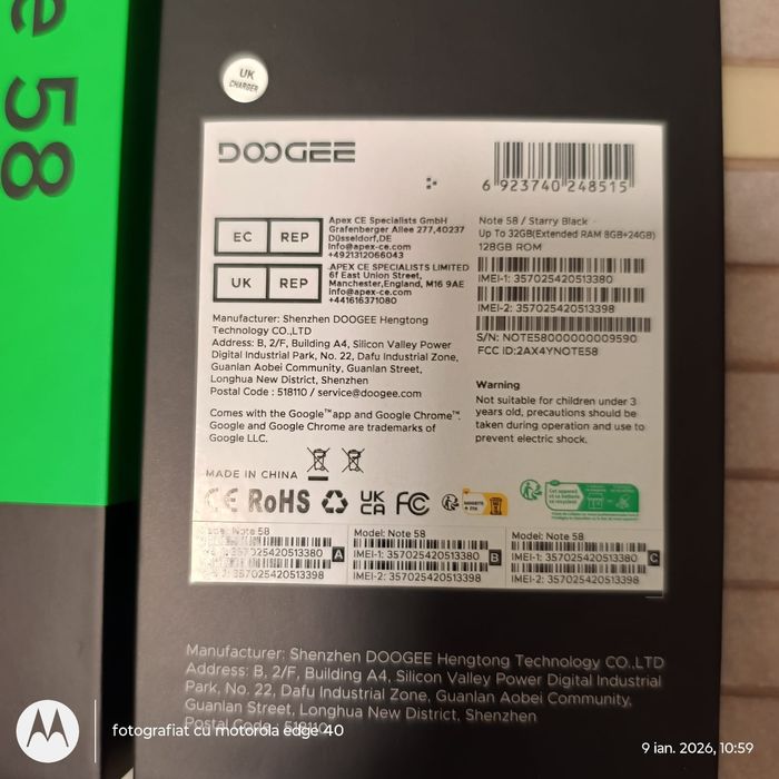 Tel DOOGEE Note 58, 4+8/128 gb,  din sept 2025, ușor negocia