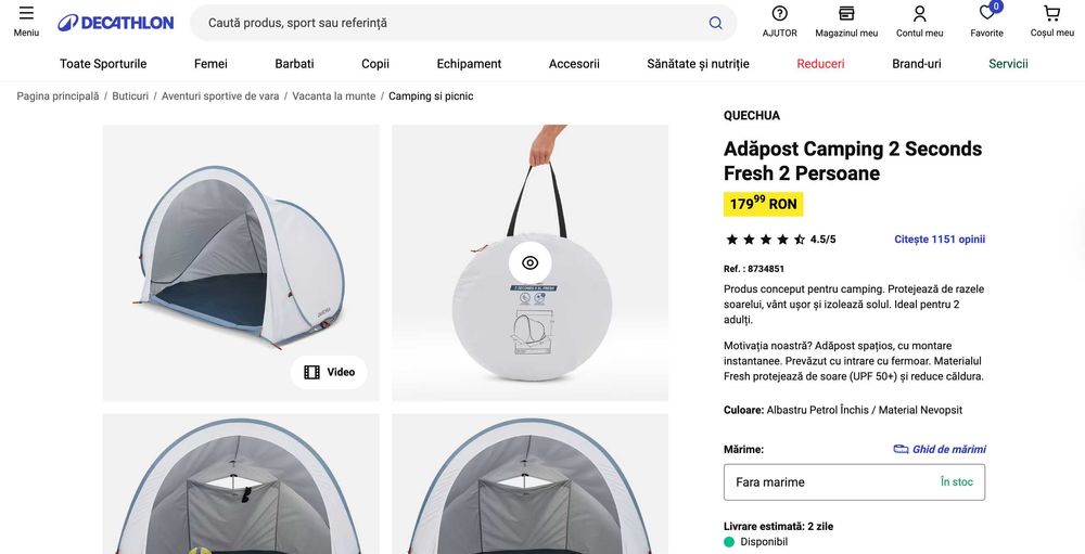 Adăpost Camping 2 Seconds Fresh 2 Persoane