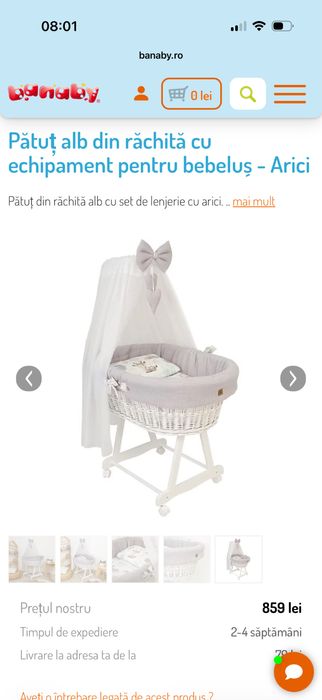 Cos- Pătuț alb din răchită cu echipament pentru bebeluș