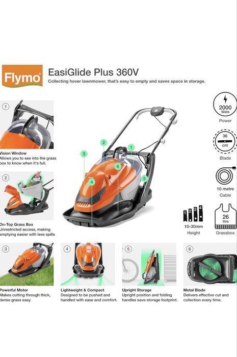 Mașină de tuns iarba cu pernă de aer Flymo EasiGlide Plus 360V, 36 cm, cu cablu , noua