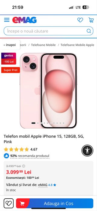 iPhone 15 pink nou