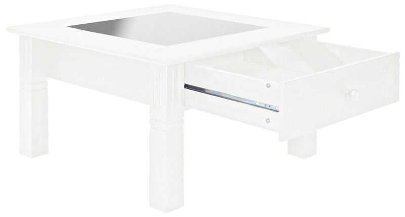 Masă de cafea, din lemn, alba, cu sertar si inserții de sticlă noua