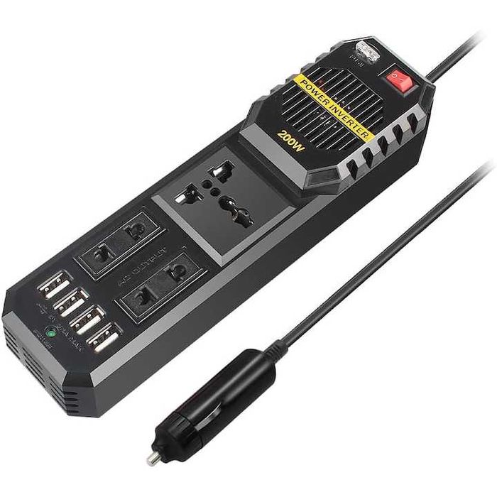 Invertor pentru auto și camping, 200W 12V-230V, cu 4 porturi USB, nou