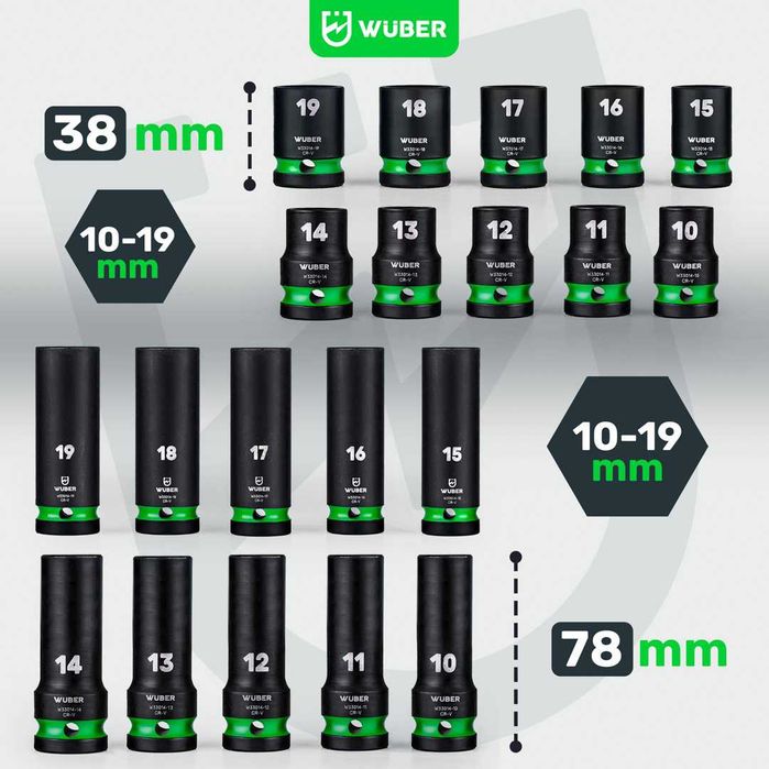 Set chei tubulare impact 1/2” Wuber, 20 piese