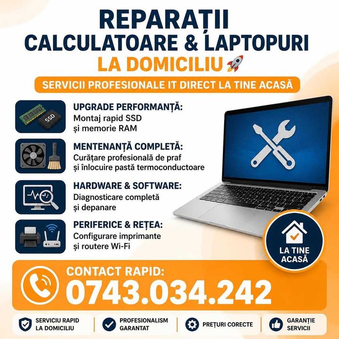 Reparații Calculatoare Laptopuri la Domiciliu |Upgrade SSD/RAM | Curatare | Imprimante | Router Wi-Fi | Diagnosticare |Mentenanta